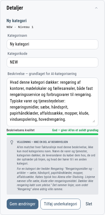 Panelet Detaljer med beskrivelsesfeltet