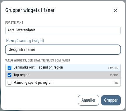 Dialogen hvor widgets vælges til faner