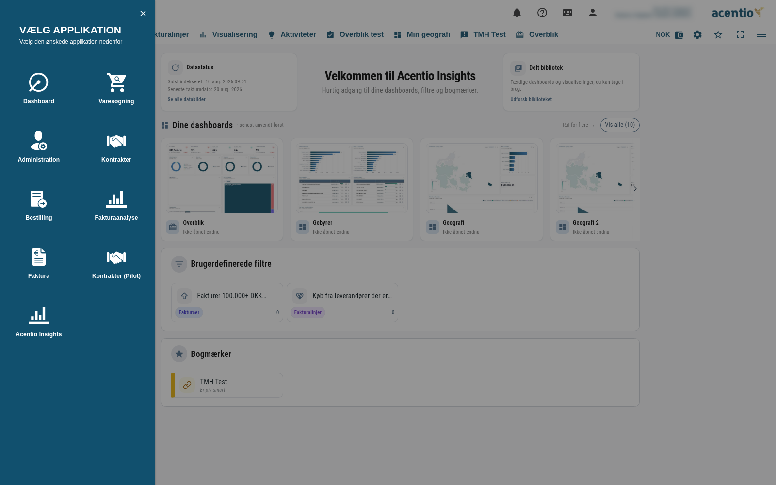 Modulvælgeren med Acentio Insights valgt