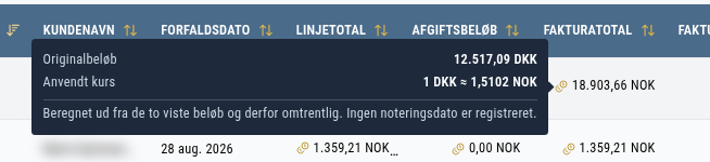 Detaljekortet der viser originalbeløb, anvendt kurs og kursdato