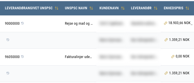 Fakturalinje med prisafvigelse, UNSPSC-advarsel og berigelsesdetaljer