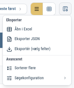 Eksportafsnittet i menuen