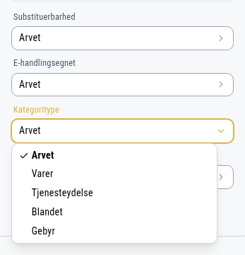 Vurderingsfelterne for en UNSPSC-kategori, med Kategoritype