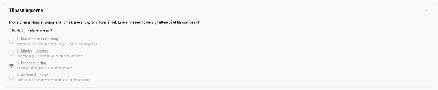 Afsnittet Tilpasningsevne med de fire niveauer