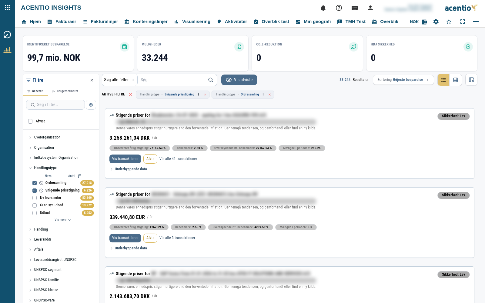 Aktiviteter, hvor virkningen af indstillingerne kan ses