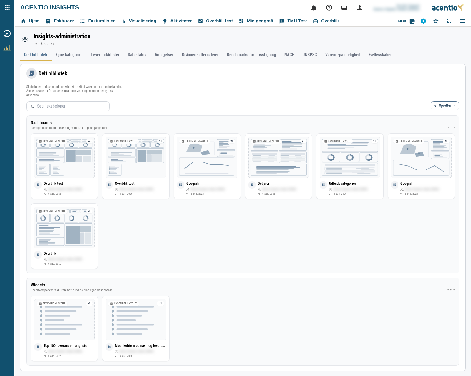 Fanen Delt bibliotek med afsnittene Dashboards og Widgets