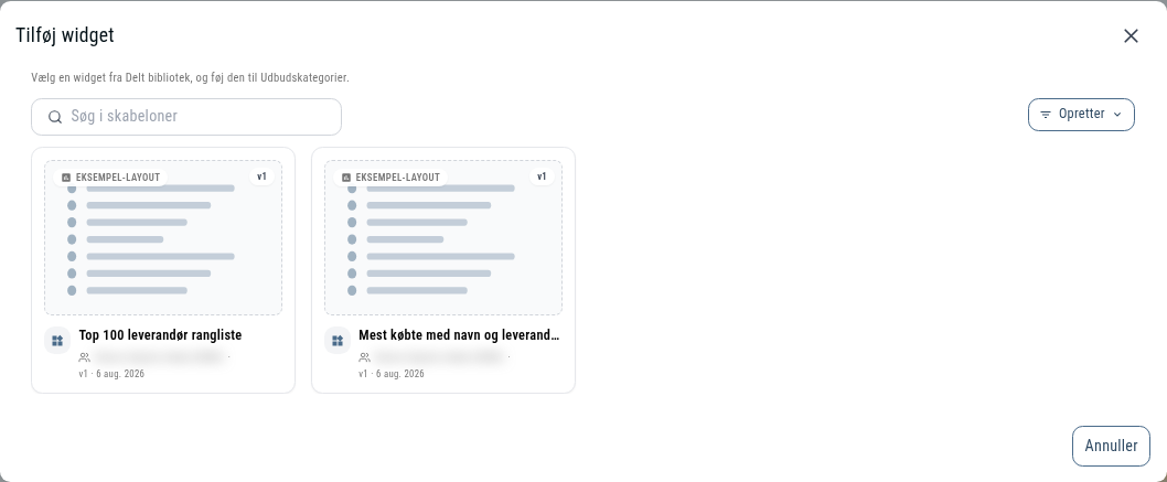 Trin 1 i Tilføj widget — gennemse bibliotekets widgets