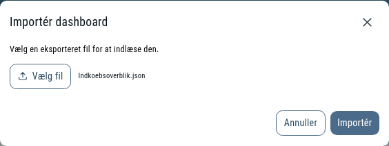 Dialogen Importér dashboard med en valgt fil